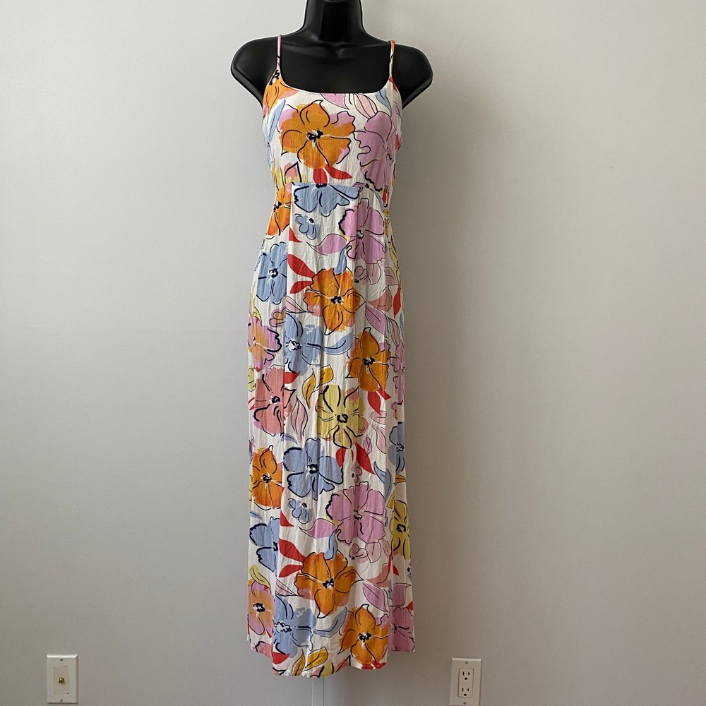 Kiwi + Punch Boho Beachy Floral Strappy Open Back Maxi Dress M Pink Orange
